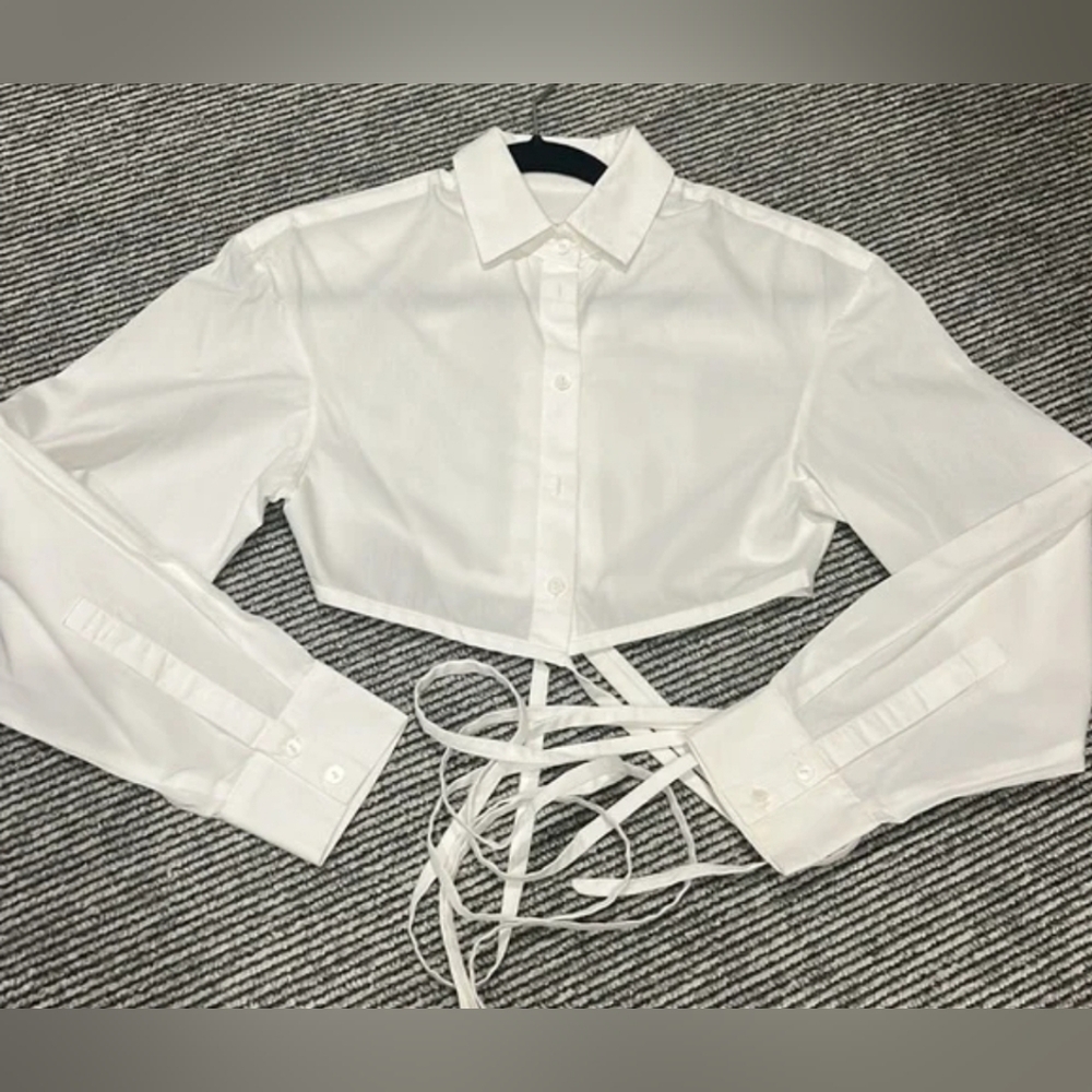 Christopher Esber White Crop Tie Shirt Size 2 - Wrap Blouse Button-Down - Picture 2 of 6